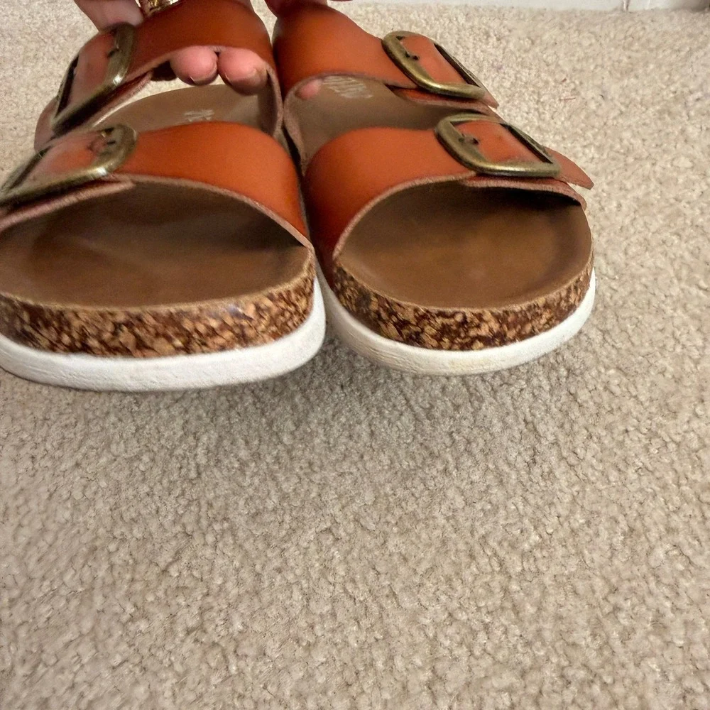 Mad Love Cognac Brown Double Strap Buckle Footbed Slide Sandals Womens 9